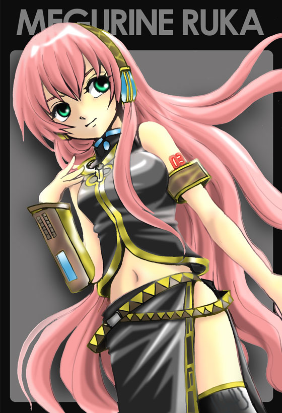kuroneko koubou, megurine luka, vocaloid, green eyes, headphones, long hair, midriff, pink hair, side slit, skirt, solo, thighhighs, very long hair