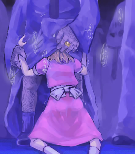 yuuge (hangoban), happy happyist, paula (mother 2), mother (series), mother 2, nintendo, artist request, lowres, 1girl, 5boys, clothed sex, fellatio, forced, hairy legs, hand on another's head, head under another's clothes, hetero, holding another's wrist, kneeling, loli, multiple boys, oral, penis, rape, robe, solo focus, under another's clothes, watching