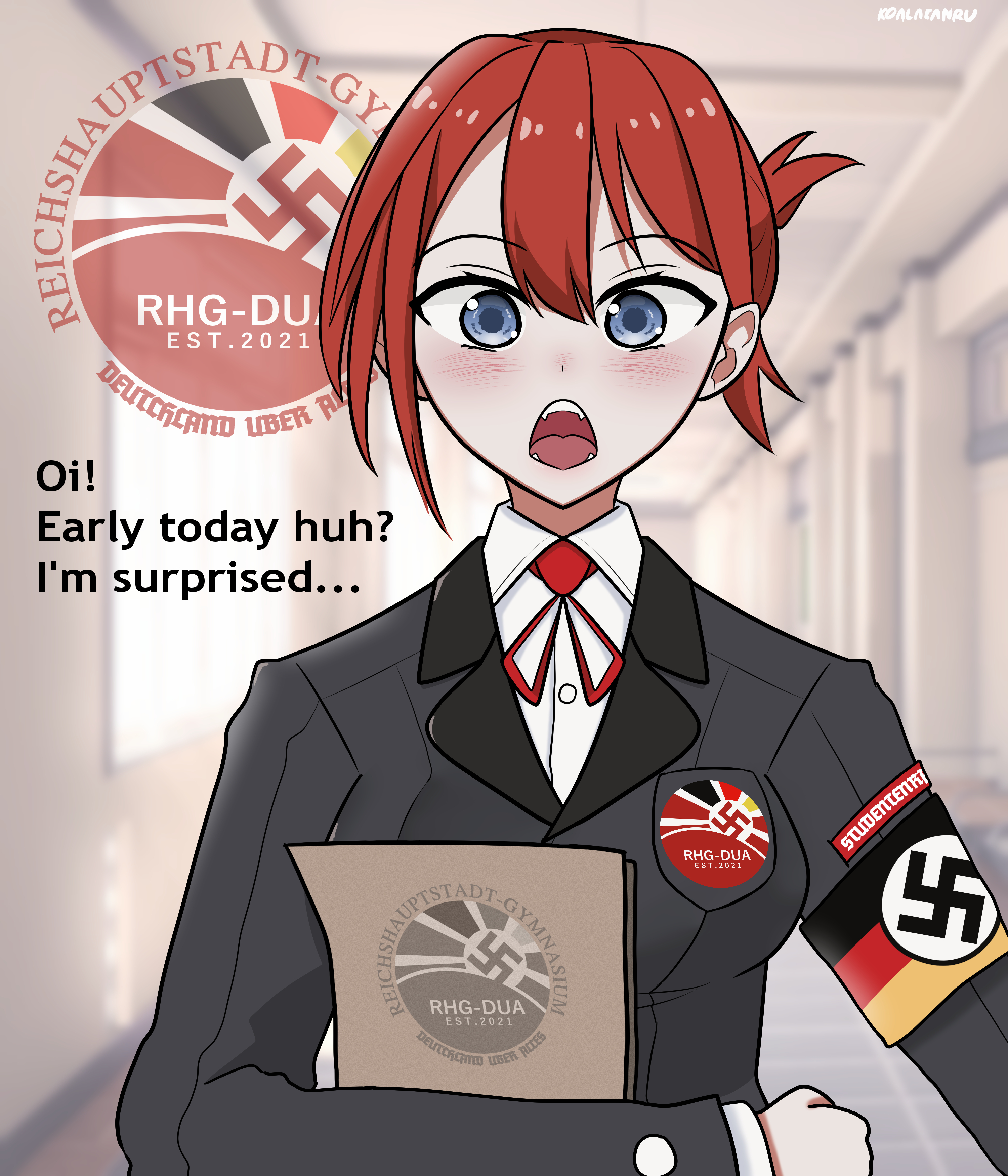 koalakanru, original, absurdres, highres, armband, black suit, blush, bow, bowtie, breast pocket, english text, fangs, formal clothes, german text, grey eyes, holding, holding paper, nazi, open mouth, paper, pocket, red bow, red bowtie, red hair, school, shirt, shirt under shirt, short hair, student council uniform, suit, swastika, talking, white shirt