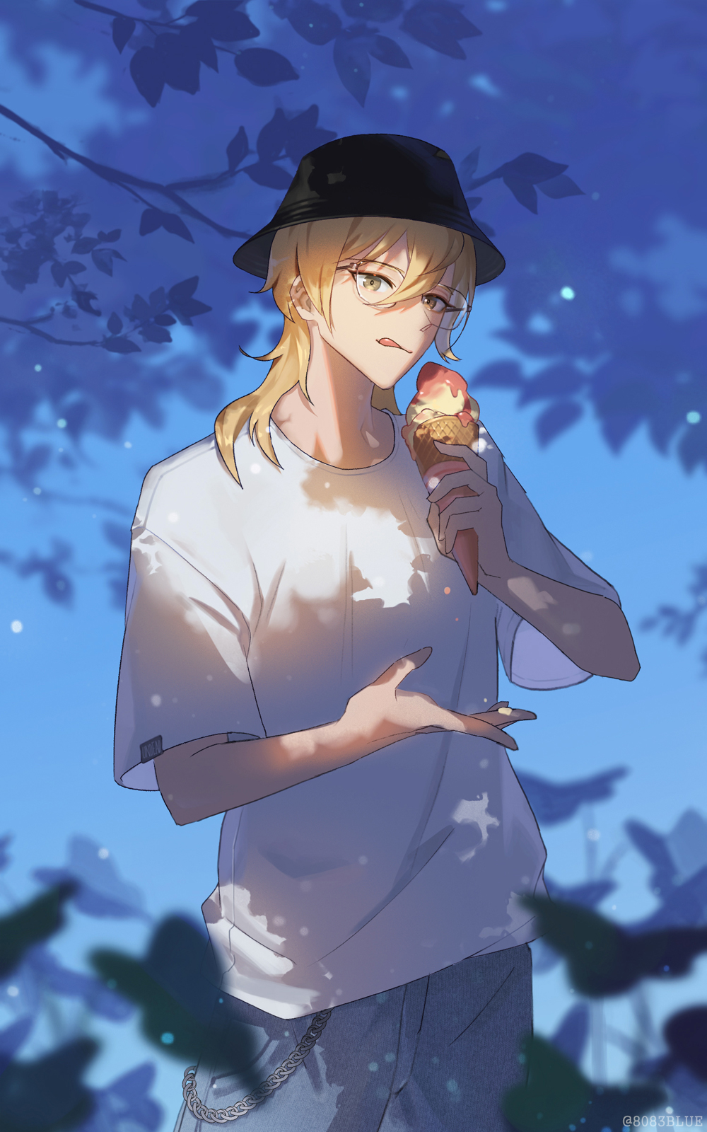 8083 blue, hakaze kaoru, ensemble stars!, commentary request, highres, 1boy, black hat, blue background, bucket hat, denim, food, hair between eyes, hat, holding, holding food, ice cream, jeans, licking lips, male focus, outdoors, pants, shirt, short hair, short sleeves, tongue, tongue out, white hair, white shirt