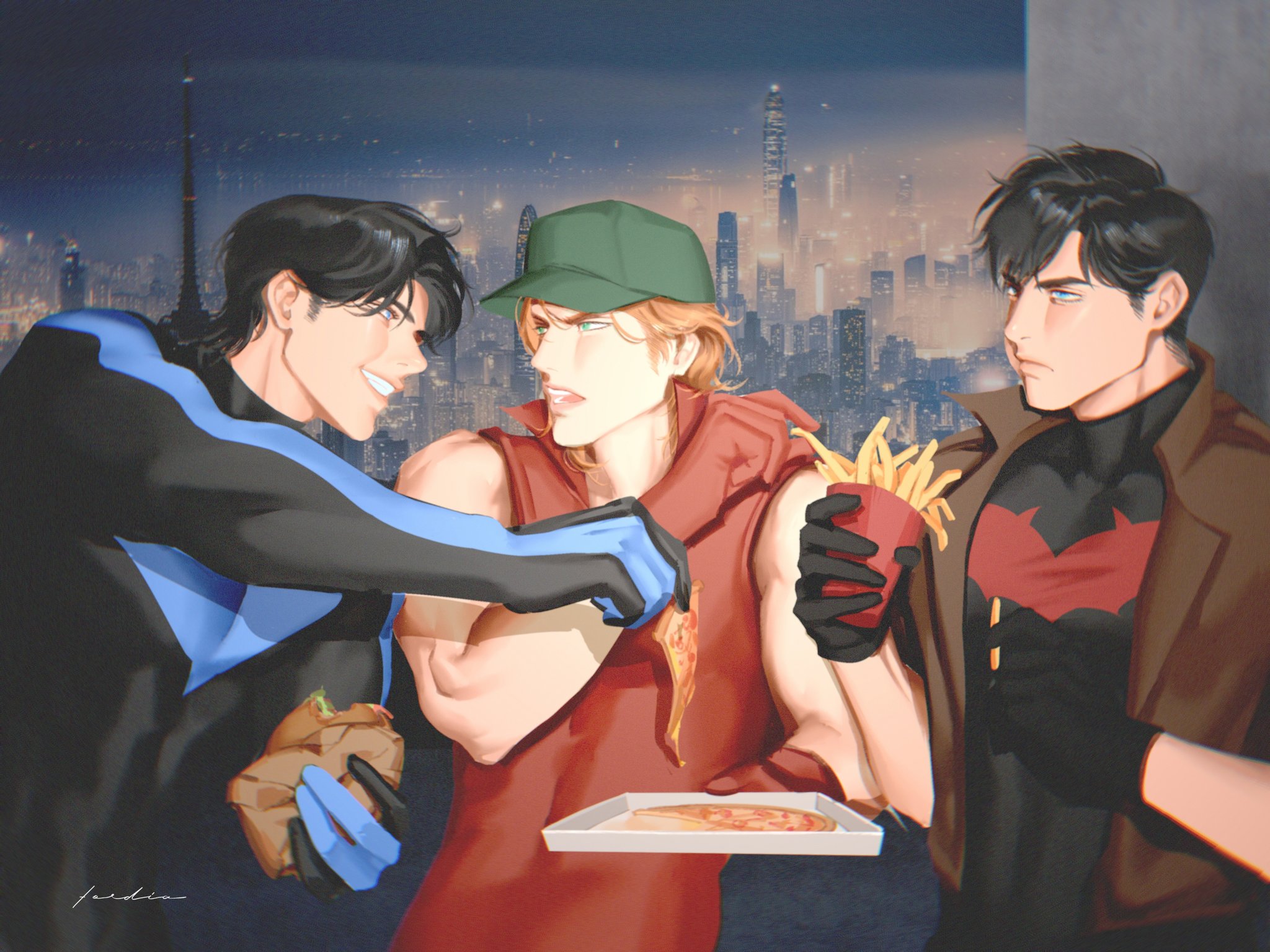 arsenal (dc), dick grayson, jason todd, red hood (dc), roy harper, batman (series), dc comics, highres, baseball cap, bat signal, batman symbol, black bodysuit, black gloves, black hair, blue eyes, bodysuit, brown jacket, gloves, grey bodysuit, hat, ichinoseguki, jacket, male focus, multicolored bodysuit, multiple boys, muscular, muscular male, open clothes, orange hair, pants, red bodysuit, red hood and the outlaws, short hair, superhero costume, taut bodysuit, two-tone bodysuit