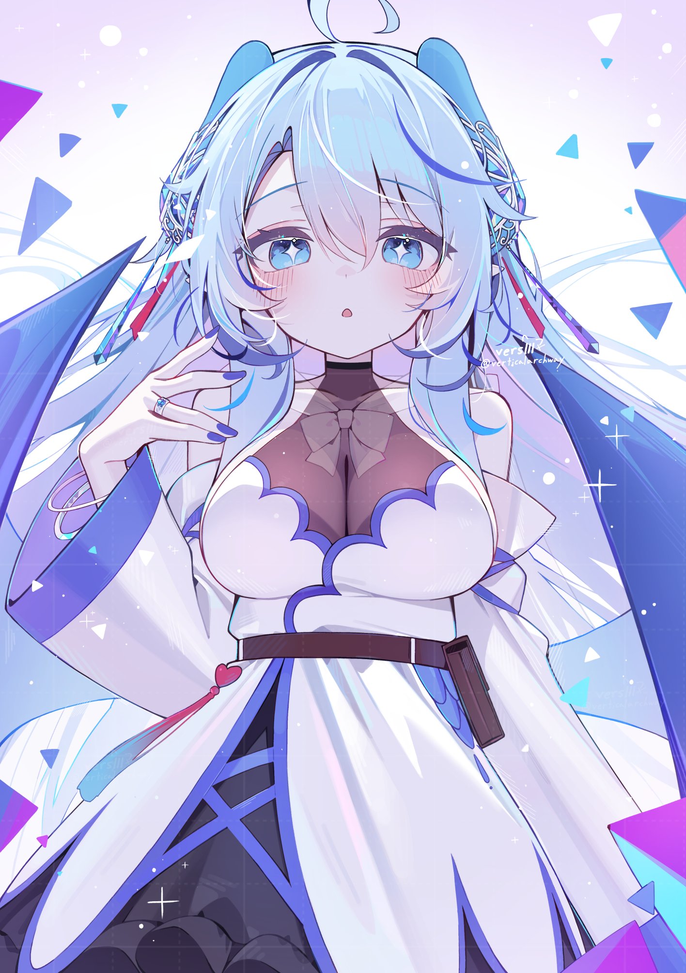 verslll, original, commission, highres, 1girl, ahoge, bare shoulders, belt, blue eyes, blush, bow, bowtie, breasts, cleavage, dragon horns, dragon wings, dress, horns, jewelry, large breasts, long hair, looking at viewer, nail polish, open mouth, ring, see-through cleavage, see-through clothes, solo, sparkling eyes, white dress, white hair, wings
