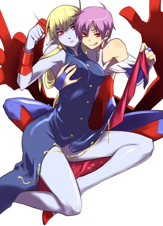 sacchin (yama), jedah dohma, lilith (darkstalkers), capcom, darkstalkers, 2girls, bat wings, blue skin, breasts, colored skin, demon girl, dress, elbow gloves, genderswap, genderswap (mtf), gloves, grabbing another's breast, groping, head wings, large breasts, midnight bliss, multiple girls, pantyhose, purple hair, red eyes, short hair, tongue, wings, yuri