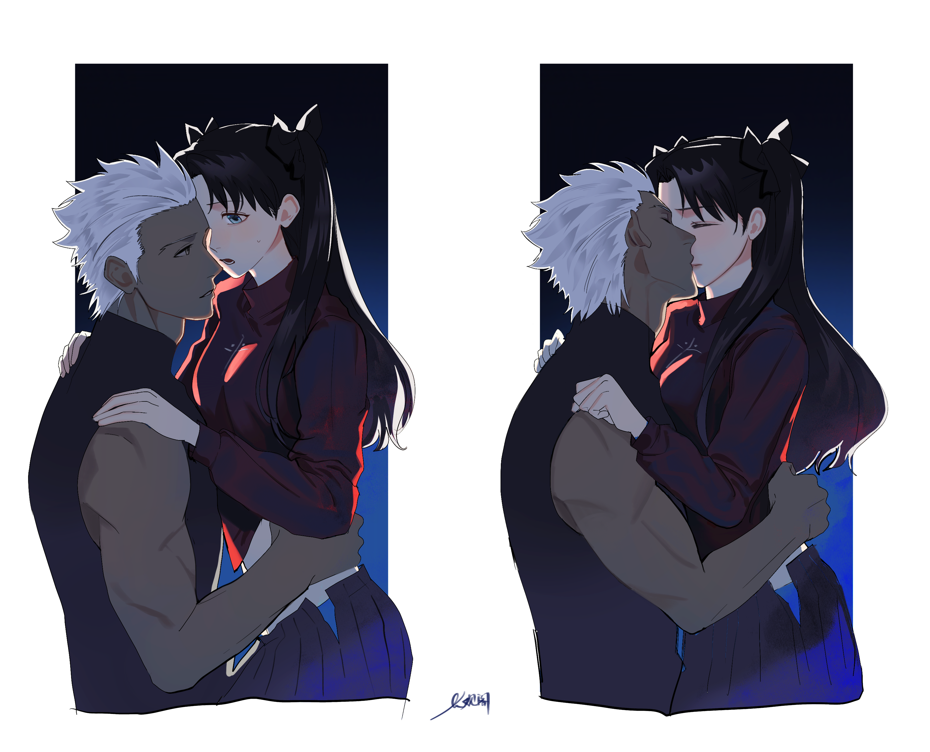 kotomine (a1569), archer (fate), tohsaka rin, fate/stay night, fate (series), absurdres, commentary request, highres, 1boy, 1girl, black hair, blue eyes, blush, hetero, kiss, long hair, multiple views, pleated skirt, short hair, sideburns, signature, skirt, sweater, tan, white hair