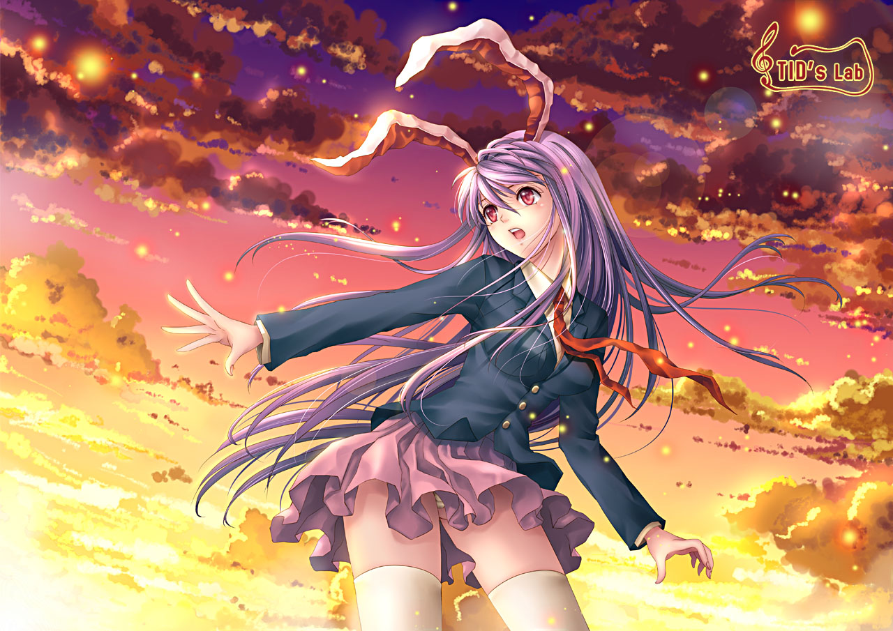 tidsean, reisen udongein inaba, touhou, bad id, bad pixiv id, 1girl, animal ears, blazer, cloud, female focus, jacket, long hair, necktie, panties, pantyshot, purple hair, rabbit ears, red eyes, red necktie, skirt, sky, solo, sunset, thighhighs, underwear