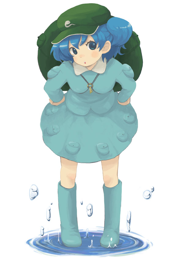 eeyasu, kawashiro nitori, touhou, 1girl, backpack, bag, blue eyes, blue hair, female focus, full body, hat, matching hair/eyes, randoseru, short hair, skirt, solo, twintails, two side up, white background