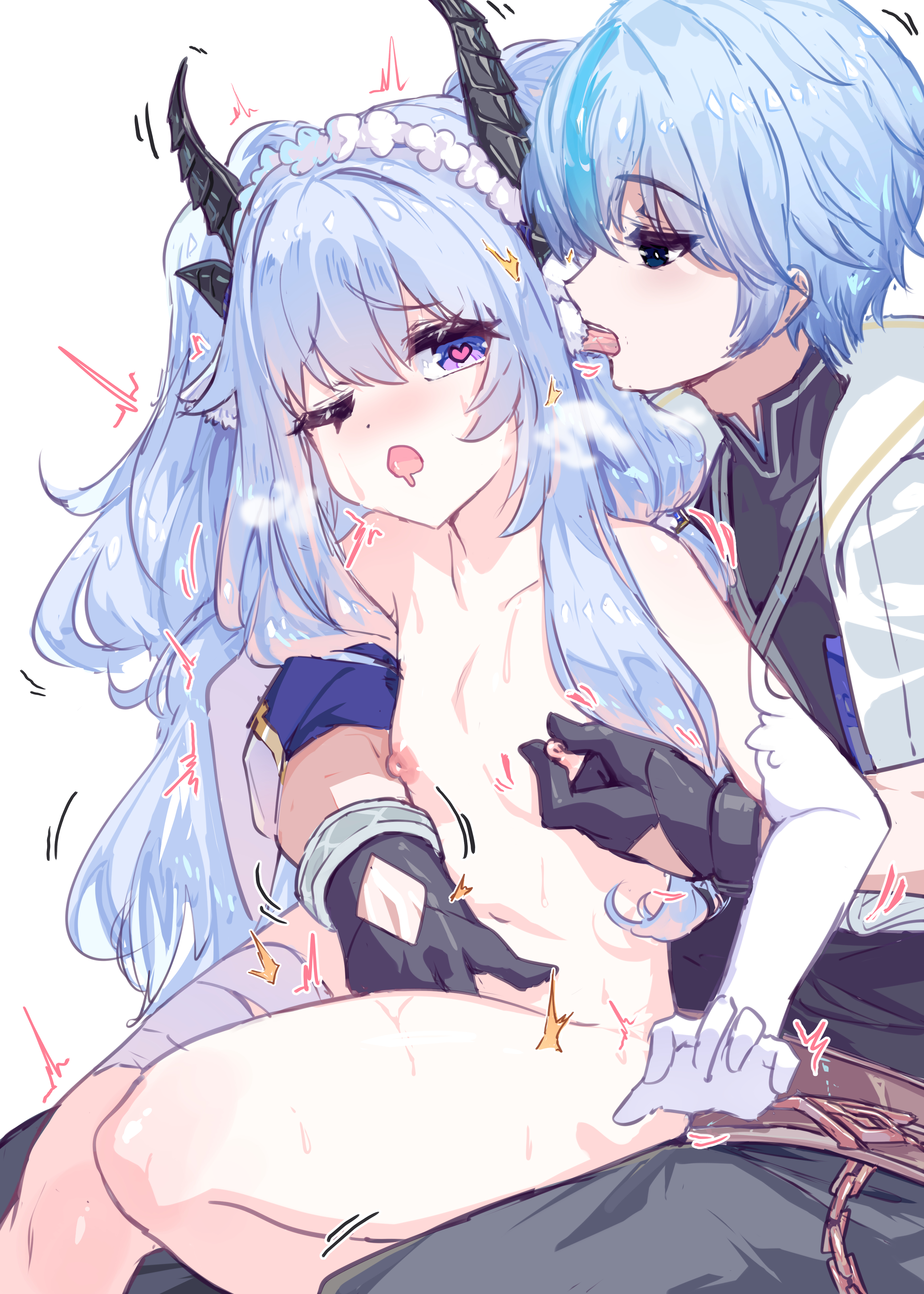 sunnysideup, abby (azur promilia), azur promilia, absurdres, commentary request, commission, highres, pixiv commission, 1boy, 1girl, black gloves, black horns, blue eyes, blue hair, clothed male nude female, dragon girl, dragon horns, elbow gloves, fingering, flat chest, gloves, heart, heart-shaped pupils, hetero, horns, long hair, nipple stimulation, nipple tweak, nipples, nude, open mouth, purple eyes, short hair, starborn (male) (azur promilia), symbol-shaped pupils, tongue, tongue out, white background, white gloves