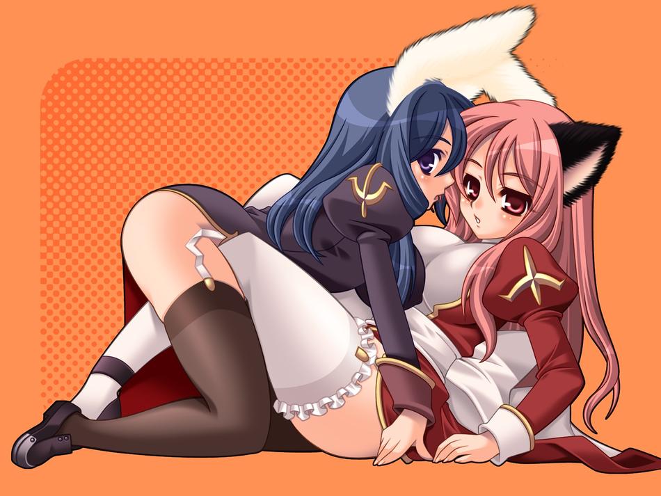 hakoiri nyanko, high priest (ragnarok online), priest (ragnarok online), ragnarok online, 2girls, animal ears, blue hair, blush, breasts, cat ears, large breasts, long hair, multiple girls, pink hair, priest, rabbit ears, red eyes, thighhighs, yuri