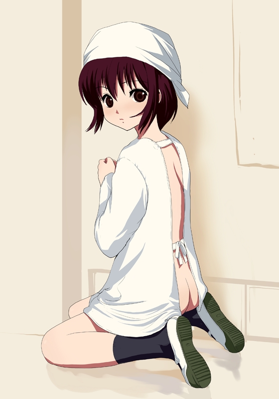 natori (natorism), original, 1girl, apron, ass, back, brown eyes, butt crack, female focus, kappougi, loli, no panties, paint.net (medium), purple hair, shoes, short hair, smock, socks, solo, uwabaki