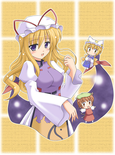 exe (artist), xe (execut3r), chen, yakumo ran, yakumo yukari, touhou, 3girls, animal ears, animal hat, blonde hair, brown hair, cat ears, cat girl, cat tail, chibi, female focus, gap (touhou), hands in opposite sleeves, hat, hat ribbon, long hair, long sleeves, mob cap, multiple girls, open mouth, purple eyes, red eyes, ribbon, short hair, tail, wide sleeves, yellow eyes