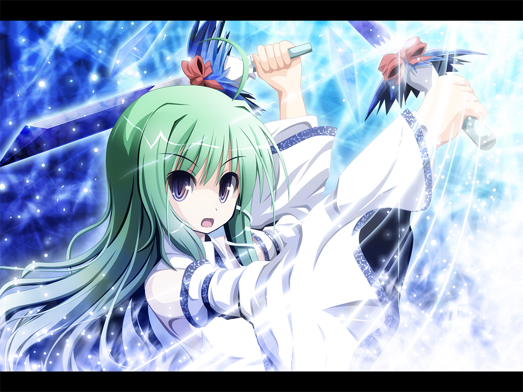akashio (loli ace), kochiya sanae, touhou, bad id, bad pixiv id, 1girl, ahoge, blue eyes, detached sleeves, female focus, green hair, letterboxed, solo, sword, weapon