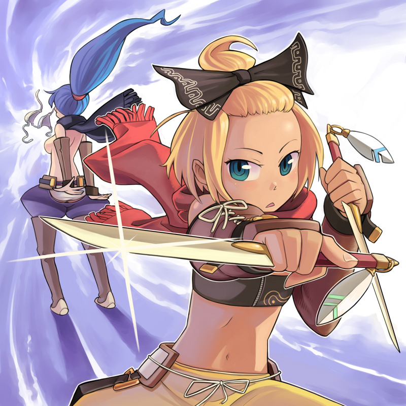 bowieknife, hatch (7th dragon), rogue (7th dragon), 7th dragon, 7th dragon (series), 2girls, aqua eyes, blonde hair, blue hair, bow, breasts, flat chest, forehead, hair bow, high ponytail, knife, large breasts, multiple girls, navel, pants, ponytail, topless female, wardrobe malfunction
