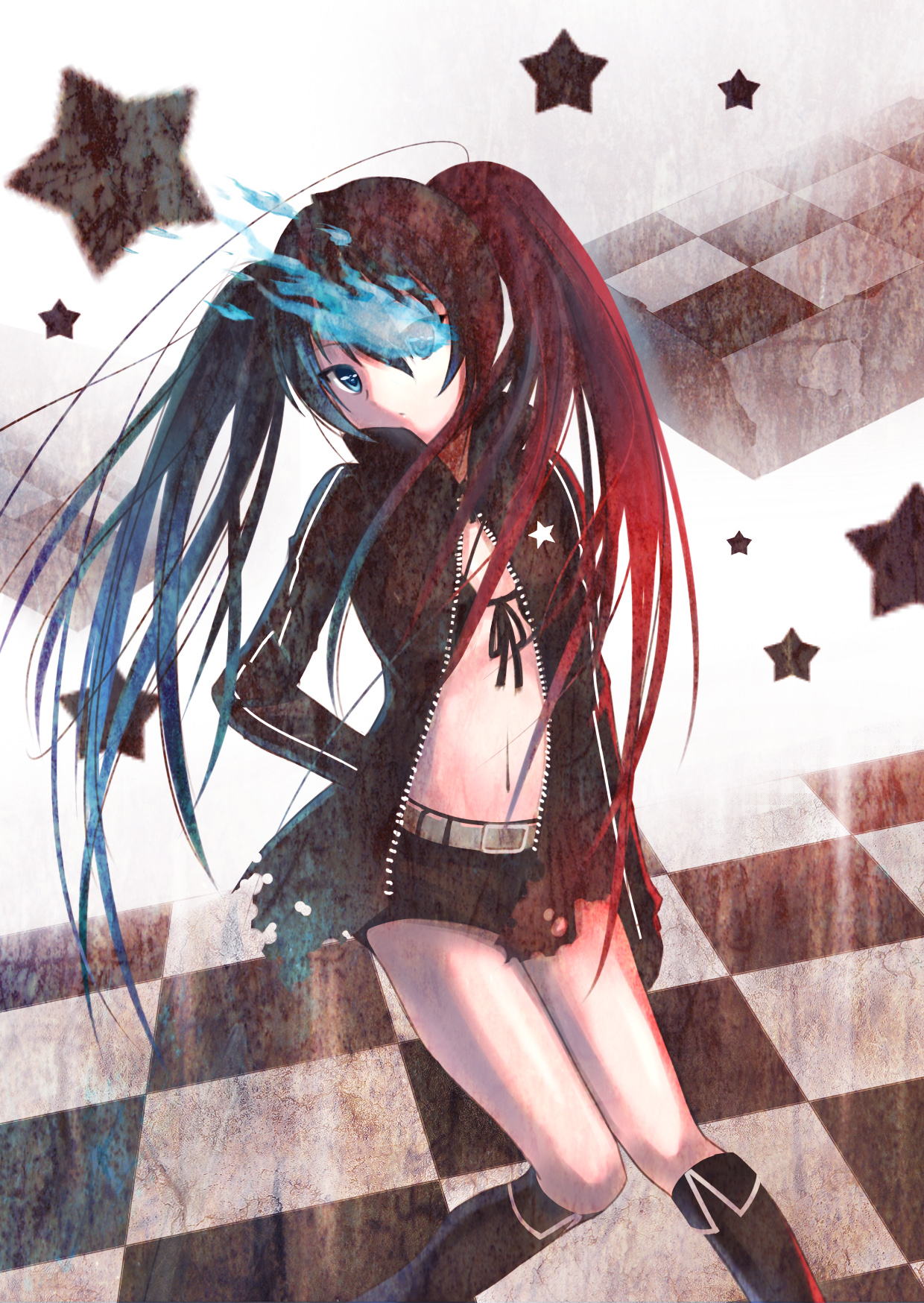 crazyodin, black rock shooter (character), black rock shooter, vocaloid, highres, 10s, belt, bikini, bikini top only, black hair, blue eyes, boots, cape, long hair, midriff, navel, shorts, solo, swimsuit, twintails