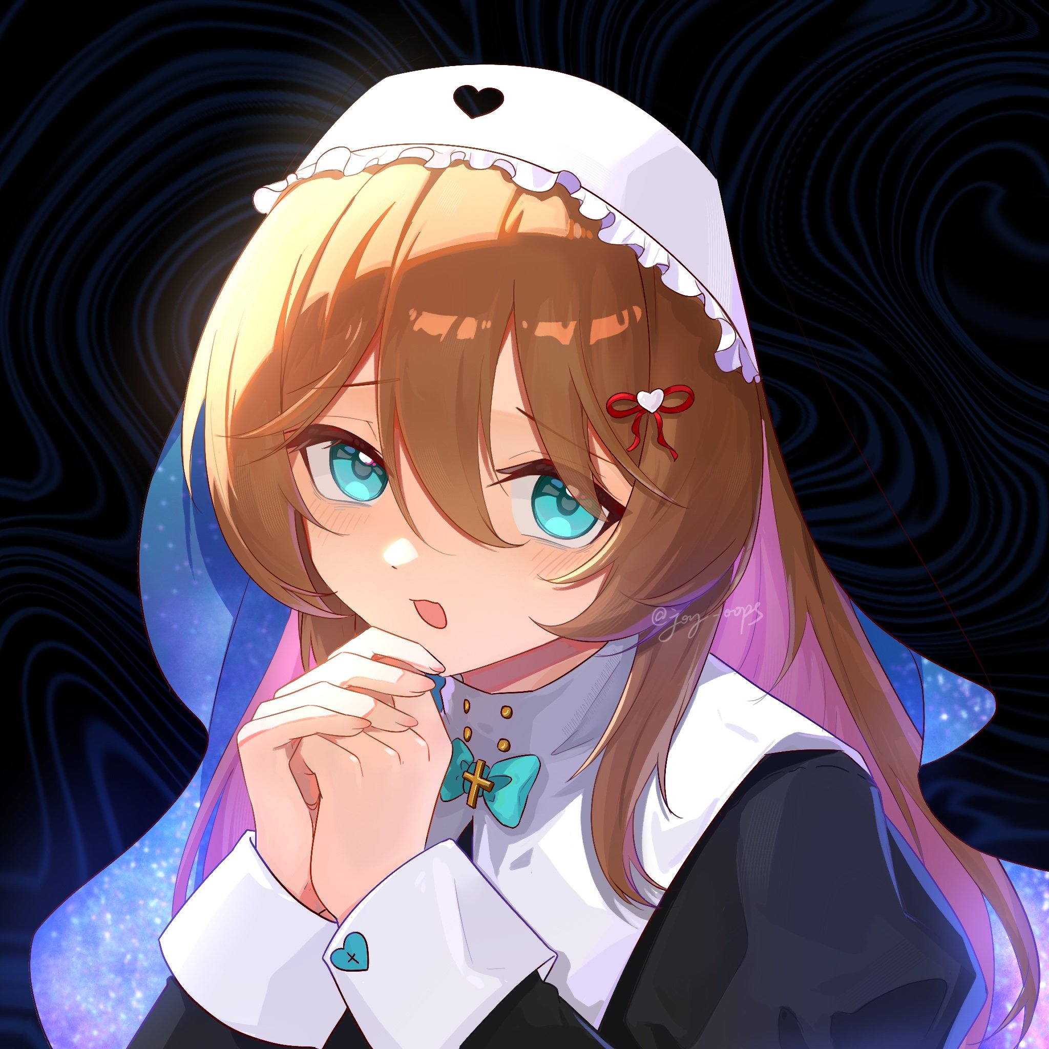joy oops, neuro-sama, commentary, english commentary, highres, 1girl, aqua bow, aqua bowtie, black dress, blue eyes, bow, bowtie, cross, cross necklace, dress, guimpe, hair between eyes, hair ribbon, jewelry, latin cross, long hair, long sleeves, looking at viewer, necklace, nun, open mouth, own hands clasped, own hands together, ribbon, solo, vedal ai, veil, virtual youtuber, wimple