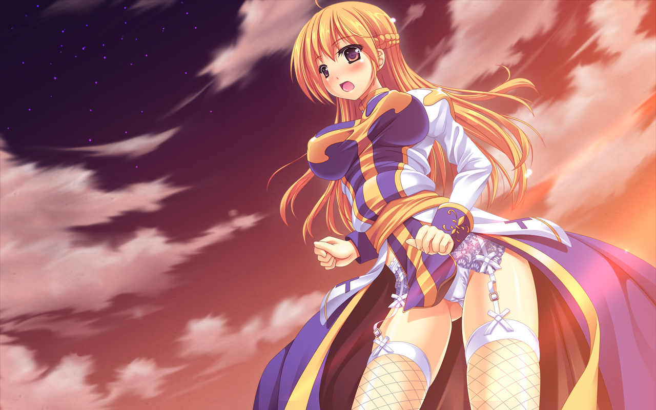 toujou akira, arch bishop (ragnarok online), archbishop (ro), ragnarok online, bad id, bad pixiv id, 1girl, blonde hair, blush, breasts, brown eyes, covered erect nipples, cross, female focus, fishnet thighhighs, fishnets, garter belt, half updo, large breasts, long hair, panties, solo, thighhighs, underwear