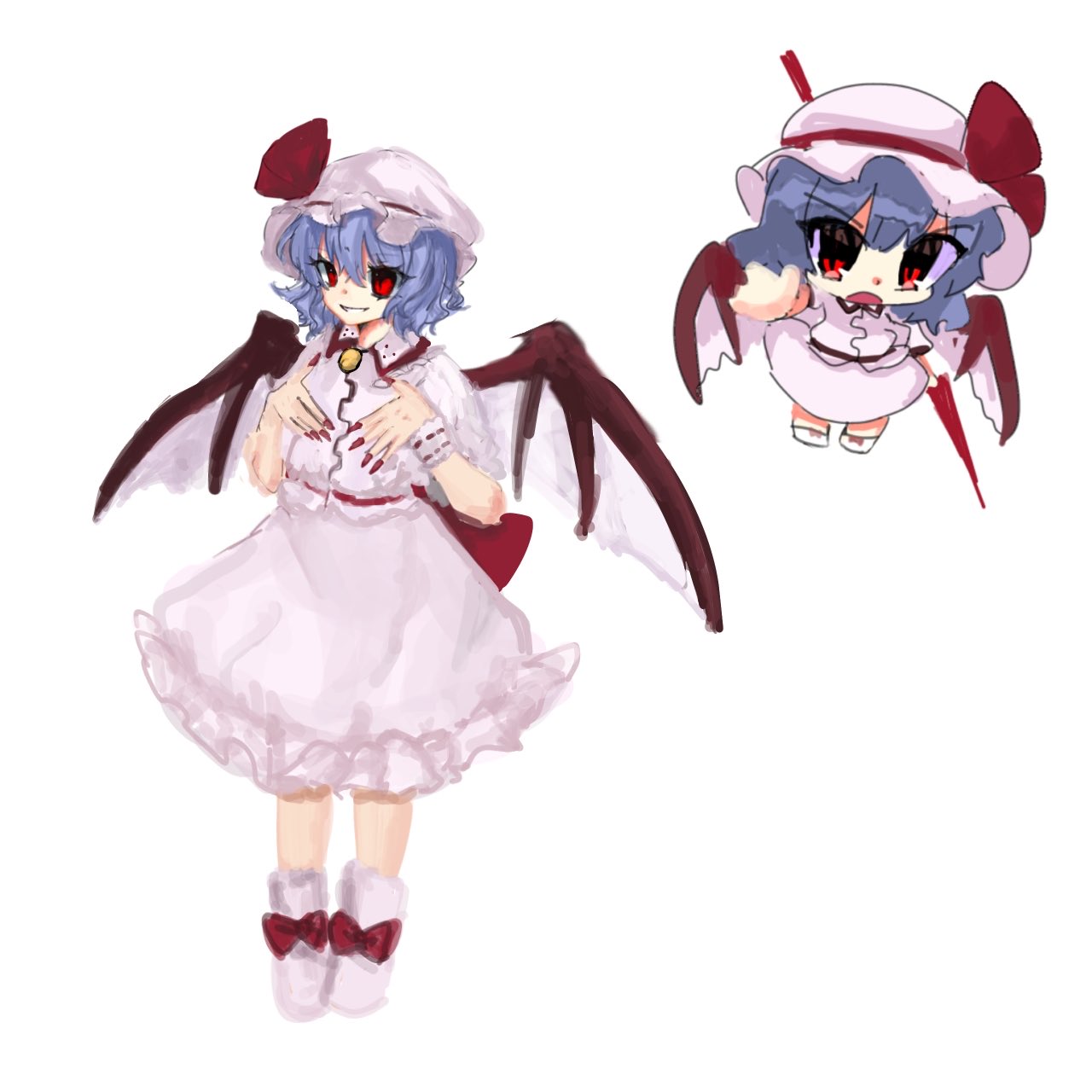 remilia scarlet, embodiment of scarlet devil, touhou, highres, 1girl, bat wings, blue hair, bow, chibi, collared shirt, fingernails, footwear bow, frilled shirt collar, frilled skirt, frilled sleeves, frills, full body, hand up, hat, hat ribbon, holding, holding polearm, holding weapon, jewelry, kato tog, looking at viewer, mob cap, open mouth, pink hat, pink shirt, pink skirt, polearm, puffy short sleeves, puffy sleeves, red bow, red eyes, red nails, red ribbon, ribbon, shirt, shoes, short hair, short sleeves, simple background, skirt, smirk, solo, spear the gungnir, weapon, white background, wings, wrist cuffs, zun pose