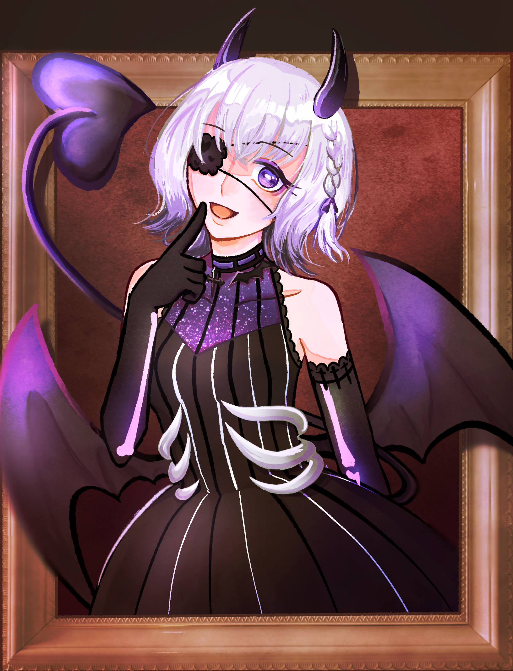 nikki (series), shining nikki, commentary request, highres, 1girl, bare shoulders, black dress, black gloves, black horns, black tail, black wings, bone, braid, bright pupils, covered collarbone, cowboy shot, cross, cross print, demon girl, demon horns, demon tail, demon wings, devil's whisper (shining nikki), dress, eyelashes, eyepatch, eyeshadow, finger to cheek, gloves, hair ribbon, happy, horns, lace, lace-trimmed gloves, lace trim, light blush, lips, looking at viewer, makeup, medical eyepatch, open mouth, outside border, painterly, picture frame, pink lips, print gloves, purple eyes, purple eyeshadow, purple ribbon, red background, ribbon, saijo pict, short hair, side braid, single braid, sleeveless, sleeveless dress, smile, solo, striped clothes, striped dress, tail, vertical-striped clothes, vertical-striped dress, white hair, white pupils, wings