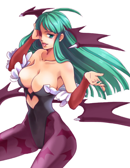 105yen kinichi, morrigan aensland, capcom, darkstalkers, bad id, bad pixiv id, 1girl, :p, animal print, bare shoulders, bat print, bat wings, breasts, cleavage, demon girl, elbow gloves, female focus, fingernails, gloves, green eyes, green hair, green nails, head wings, huge breasts, large breasts, long fingernails, long hair, matching hair/eyes, nail (hardware), nail polish, pantyhose, print pantyhose, solo, tongue, tongue out, wings
