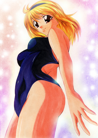yadokari genpachirou, original, lowres, marker (medium), traditional media, 1girl, blonde hair, brown eyes, competition swimsuit, female focus, from below, one-piece swimsuit, short hair, solo, swimsuit