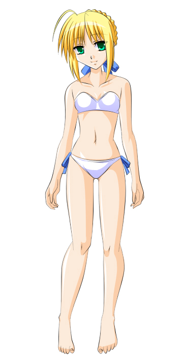 engo (pixiv), artoria pendragon (fate), saber (fate), fate/stay night, fate (series), type-moon, bad id, bad pixiv id, 00s, 1girl, bad anatomy, barefoot, bikini, blonde hair, braid, female focus, full body, green eyes, poorly drawn, simple background, solo, swimsuit