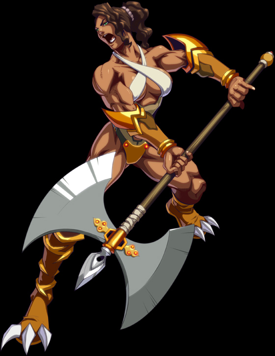 ashi, kongai, 1girl, armor, axe, bandeau bikini, bracer, brown hair, claws, criss-cross halter, dark-skinned female, dark skin, female focus, green eyes, halberd, halterneck, muscular, muscular female, polearm, simple background, slingshot swimsuit, solo, swimsuit, warrior, weapon