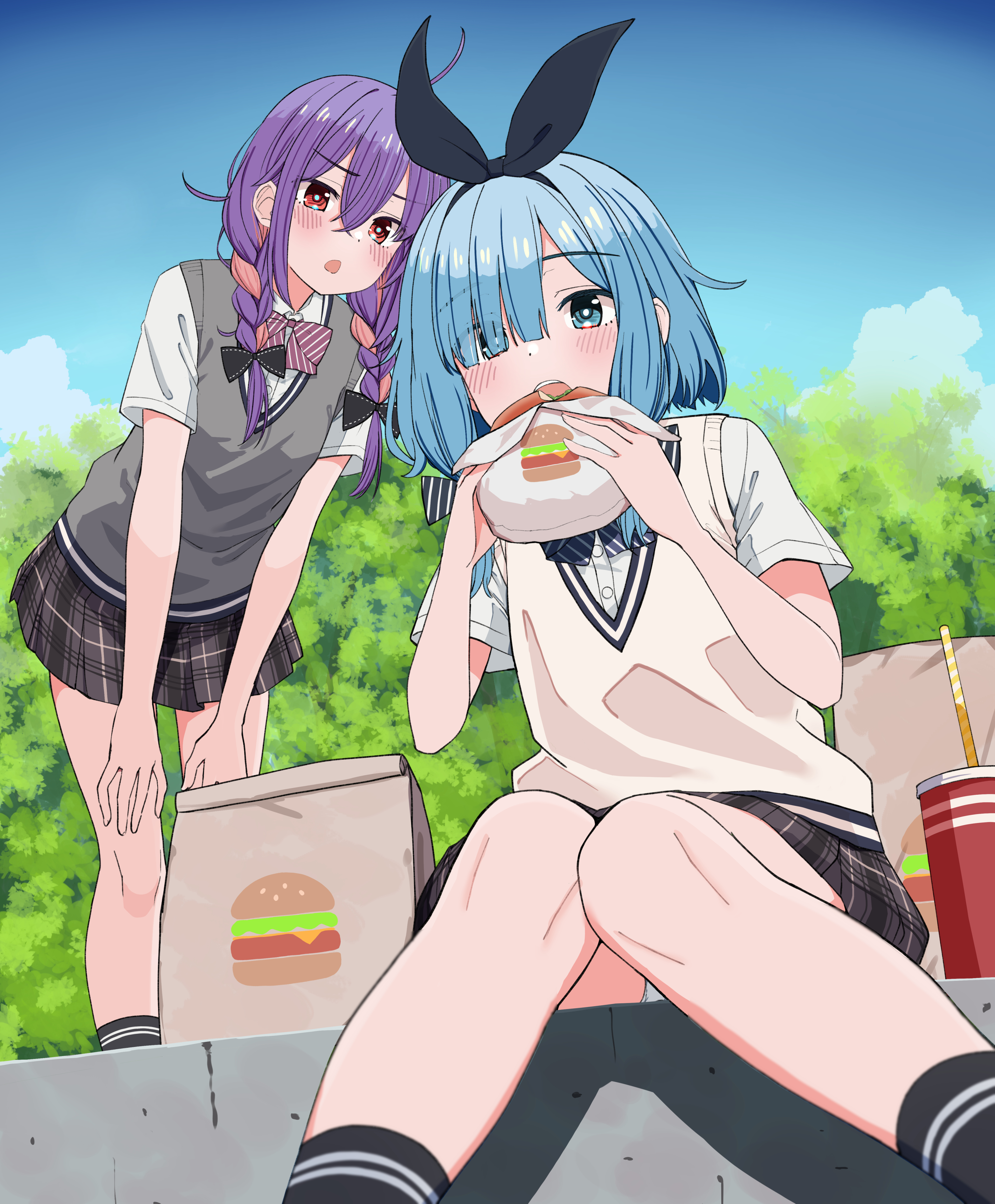 urushiushiru, original, braided twintails, absurdres, commentary request, highres, 2girls, aqua eyes, bag, black bow, black hairband, black skirt, black socks, blue hair, blue sky, blush, bow, bow hairband, bowtie, braid, bright pupils, burger, cup, diagonal-striped bow, diagonal-striped bowtie, diagonal-striped clothes, disposable cup, double-parted bangs, eating, eyes visible through hair, food, food bite, grey sweater vest, hair between eyes, hair bow, hair over one eye, hairband, hands on own knees, holding, holding burger, holding food, iroha nanairo (urushiushiru), knees together feet apart, leaning forward, long bangs, makuno suzu (urushiushiru), miniskirt, multicolored hair, multiple girls, open mouth, outdoors, panties, panty peek, pantyshot, paper bag, parted bangs, plaid clothes, plaid skirt, pleated skirt, purple hair, red bow, red bowtie, red eyes, school uniform, shirt, short hair, short sleeves, sitting, skirt, sky, socks, standing, striped bow, striped bowtie, striped clothes, summer, summer uniform, sweater vest, underwear, v-neck, white panties, white pupils, white shirt, white sweater vest