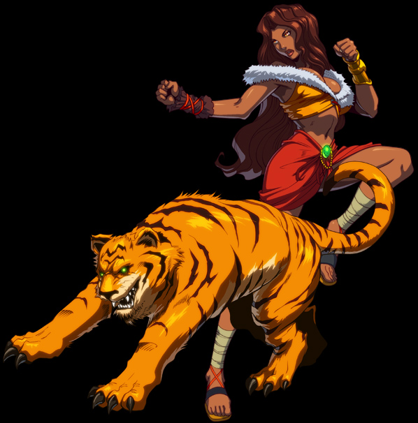 zina, kongai, brown hair, cape, claws, fangs, sandals, sash, solo, tiger, tiki villagers, yellow eyes