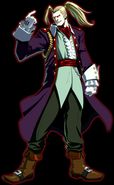 cornelius constantine, kongai, 1boy, ahoge, blonde hair, boots, coat, fang, fangs, full body, gloves, gradient background, male focus, pointing, ponytail, red eyes, solo, trench coat, tuxedo, vampire