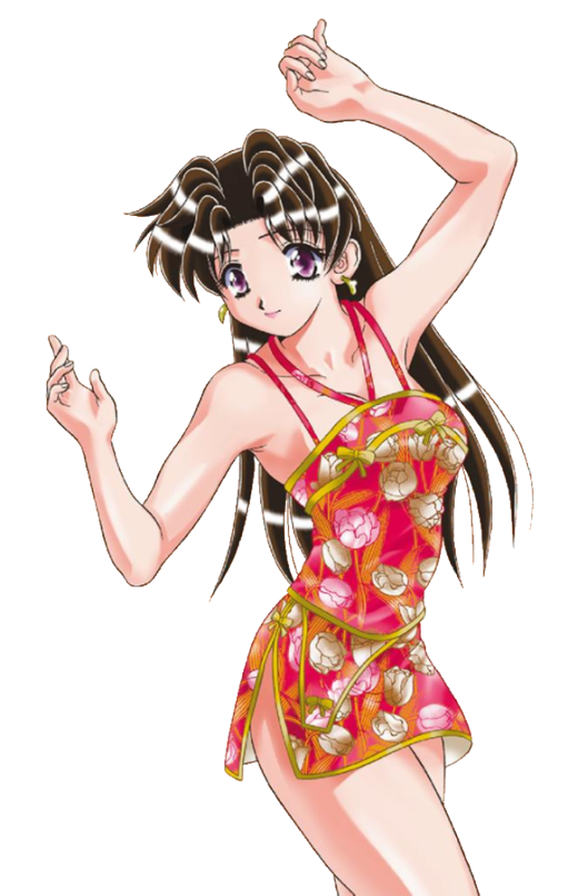 katsu aki, onoda yura, futari ecchi, 1girl, armpits, arms up, black hair, brown hair, dress, earrings, female focus, floral print, halterneck, jewelry, lipstick, long hair, makeup, no bra, no panties, purple eyes, short dress, smile, solo, standing, transparent, transparent background, wavy hair