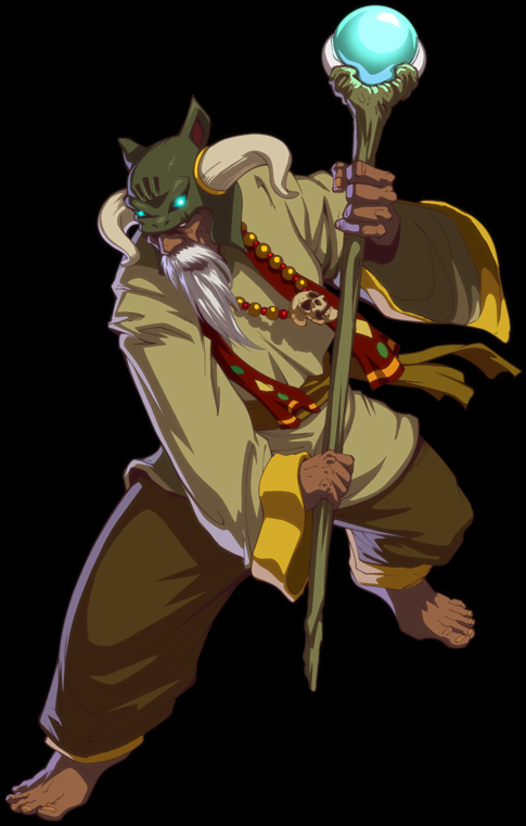 kongai, ubuntu, barefoot, beard, dark skin, facial hair, magic, male focus, skull, solo, staff, tiki villagers, wizard