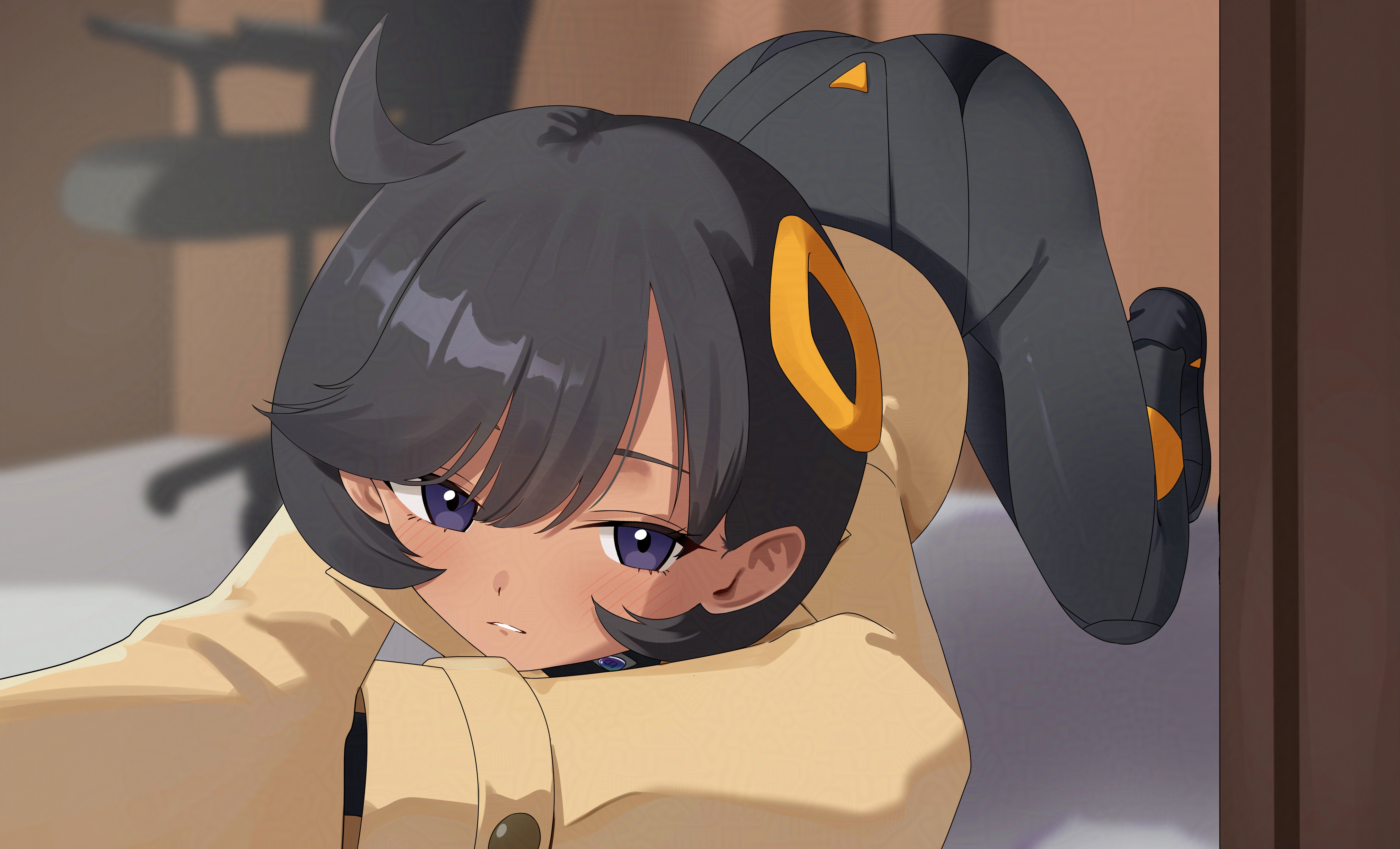 d (delt4), emma (pokemon), nintendo, pokemon, pokemon legends: z-a, absurdres, highres, 1girl, aged up, all fours, ass, black bodysuit, black hair, black shoes, blurry, blurry background, blush, bodysuit, bodysuit under clothes, brown jacket, chair, cowlick, dark-skinned female, dark skin, hair between eyes, hair ornament, hands on ground, indoors, jacket, latex, latex bodysuit, looking at viewer, parted lips, purple eyes, shadow, shoes, short hair, sidelocks, solo, swept bangs, top-down bottom-up