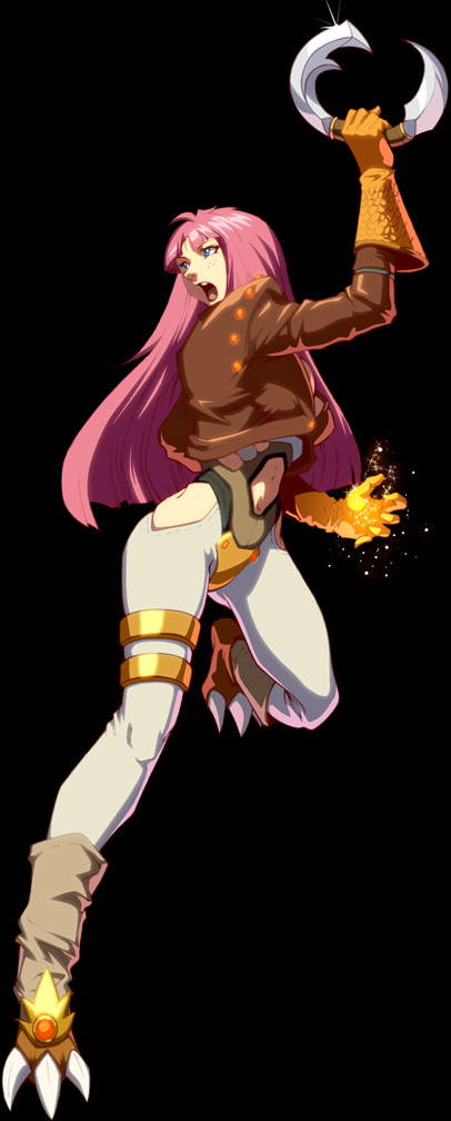kevin lau, udon entertainment, anex, kongai, blade, looking away, official art, 1girl, :o, ahoge, amazon warrior, armband, armor, black background, blue eyes, blunt bangs, bodysuit, boots, breasts, chakram, claws, cleavage, clothing cutout, cropped jacket, crotch plate, female focus, fighting stance, freckles, full body, gem, glint, gloves, glowing, holding, jacket, jewelry, leather, leather jacket, leg lift, long hair, magic, medium breasts, midriff, navel, navel cutout, open clothes, open jacket, open mouth, parted bangs, paw shoes, pink hair, scales, shoes, side cutout, simple background, solo, standing, standing on one leg, talons, thighlet, weapon