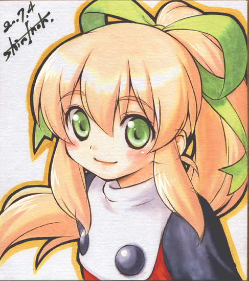 inou shin, roll (mega man), capcom, mega man (classic), mega man (series), blonde hair, blush, green eyes, hair ribbon, ponytail, ribbon, smile, solo