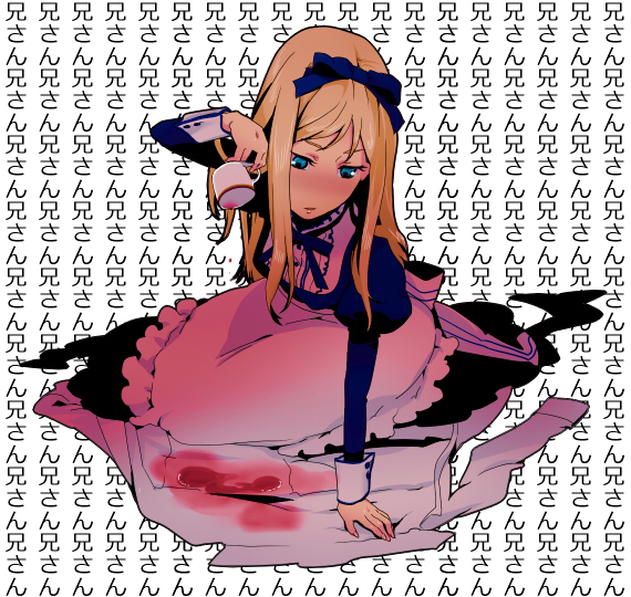 numeri, belarus (hetalia), axis powers hetalia, bad id, bad pixiv id, 00s, 1girl, apron, blonde hair, bow, cup, dress, dress shirt, female focus, full body, hair bow, long hair, ribbon, shirt, solo, stain, teacup