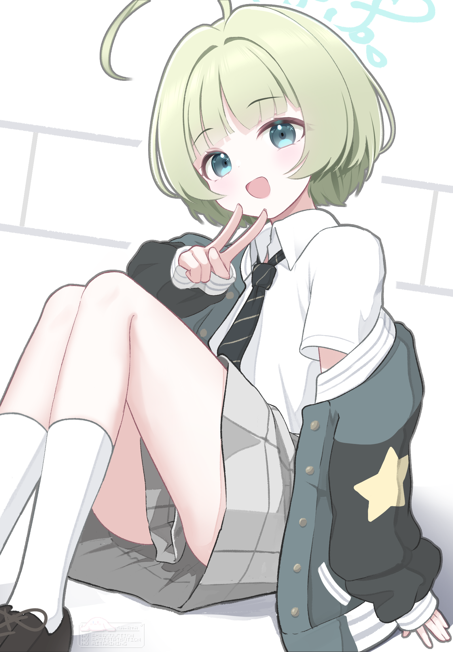 gaarya, ritsu (blue archive), blue archive, commentary, highres, 1girl, :d, ahoge, black necktie, black shoes, blue eyes, blue halo, collared shirt, diagonal-striped clothes, diagonal-striped necktie, feet out of frame, green hair, green jacket, grey skirt, halo, jacket, long sleeves, looking at viewer, necktie, open mouth, plaid clothes, plaid skirt, pleated skirt, puffy long sleeves, puffy short sleeves, puffy sleeves, shirt, shoes, short hair, short sleeves, sitting, skirt, sleeves past wrists, smile, socks, solo, striped clothes, v, watermark, white shirt, white socks