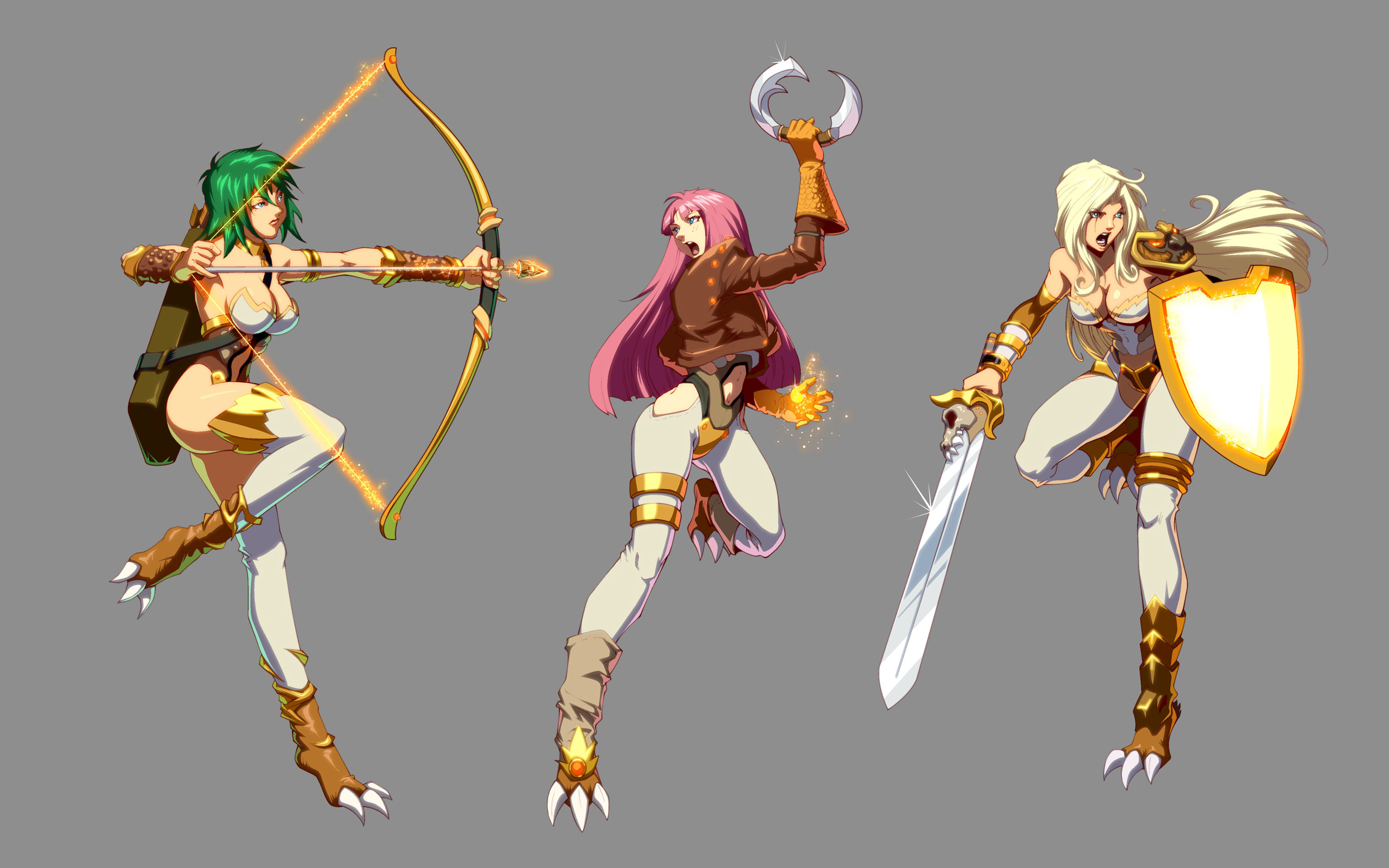 kevin lau, udon entertainment, andromeda (kongai), anex, helene, kongai, white legwear, highres, official art, 3girls, :o, amazon warrior, animal hands, arm up, armband, armlet, armor, armpits, arrow (projectile), ass, bare shoulders, between breasts, blonde hair, blue eyes, blunt bangs, bodysuit, bow, bow (weapon), bracer, breasts, chakram, claws, cleavage, clothing cutout, cropped jacket, crotch plate, drawing bow, fantasy, fighting stance, floating hair, freckles, gem, glint, gloves, glowing, glowing eyes, gold, green hair, grey background, hair between eyes, hip vent, holding, holding bow (weapon), holding sword, holding weapon, jacket, jewelry, large breasts, leather, leather jacket, leg lift, leotard, lips, lipstick, long hair, magic, makeup, midriff, multiple girls, navel, navel cutout, neck ring, open clothes, open jacket, open mouth, parted bangs, pauldrons, paw shoes, pink hair, profile, quiver, scales, shield, shoes, short hair, shoulder armor, sideboob, sidelocks, simple background, skull, standing, standing on one leg, strap, sword, talons, thigh strap, thighhighs, thighlet, vambraces, very long hair, weapon