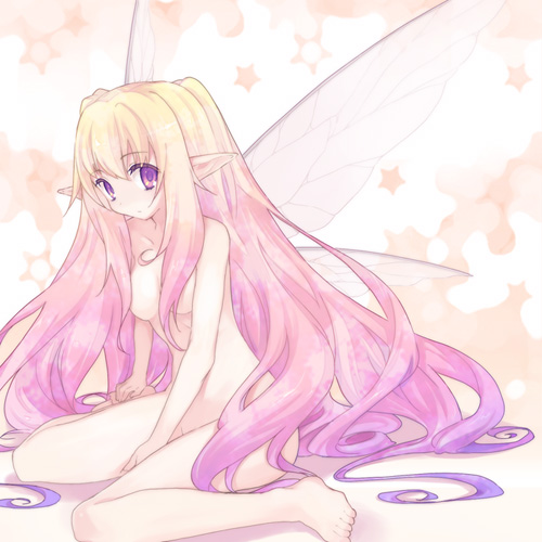 koto (colorcube), original, bad id, bad pixiv id, lowres, 1girl, barefoot, blonde hair, breasts, colored eyelashes, fairy, fairy wings, feet, female focus, gradient hair, hair censor, hair over breasts, long hair, looking at viewer, medium breasts, multicolored hair, nude, pink hair, pointy ears, purple eyes, sitting, solo, staring, very long hair, wariza, wings