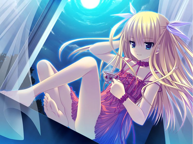 himemiya hiori, stellula eques, 1girl, barefoot, blonde hair, blue eyes, cup, curtains, dress, feet, female focus, flat chest, hair ribbon, indoors, moon, night, night sky, ribbon, sitting, sky, solo, teacup, twintails, window