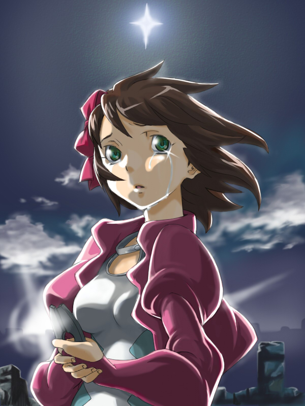 hekeniko, amami haruka, idolmaster, idolmaster xenoglossia, pilot suit, 00s, 1girl, breasts, brown hair, female focus, green eyes, jacket, outdoors, pilot uniform, ribbon, short hair, sky, solo, star (symbol), tears