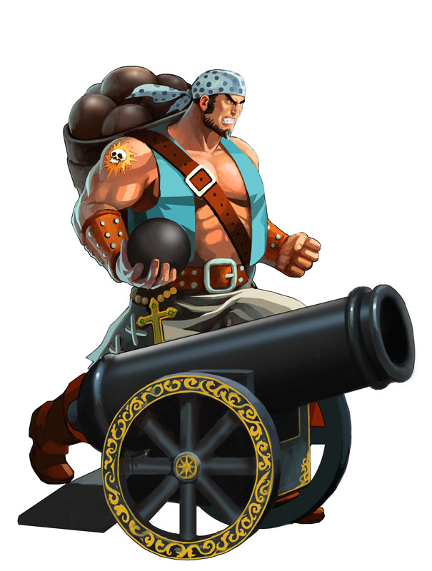 kongai, 1boy, abs, angry, bandana, belt, black hair, bomb, bracer, cannon, cannonball, clenched hand, cross, explosive, male focus, muscular, pirate, simple background, solo, tattoo, white background