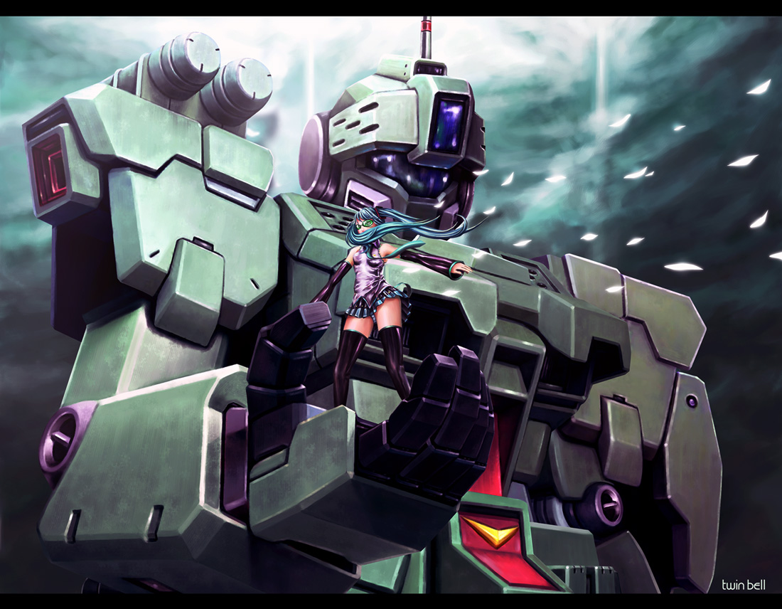 twinbell, gm (mobile suit), gm sniper ii, gm spartan, hatsune miku, fukuchi mobile suit station, gundam, vocaloid, crossover, in palm, letterboxed, mecha, robot, sunglasses, thighhighs, wind