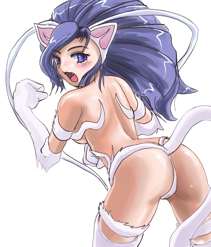momokun, felicia (darkstalkers), capcom, darkstalkers, 1girl, animal ears, animal hands, ass, big hair, blue eyes, blue hair, body fur, breasts, cat ears, cat tail, fang, fangs, female focus, from behind, long hair, looking back, matching hair/eyes, solo, tail
