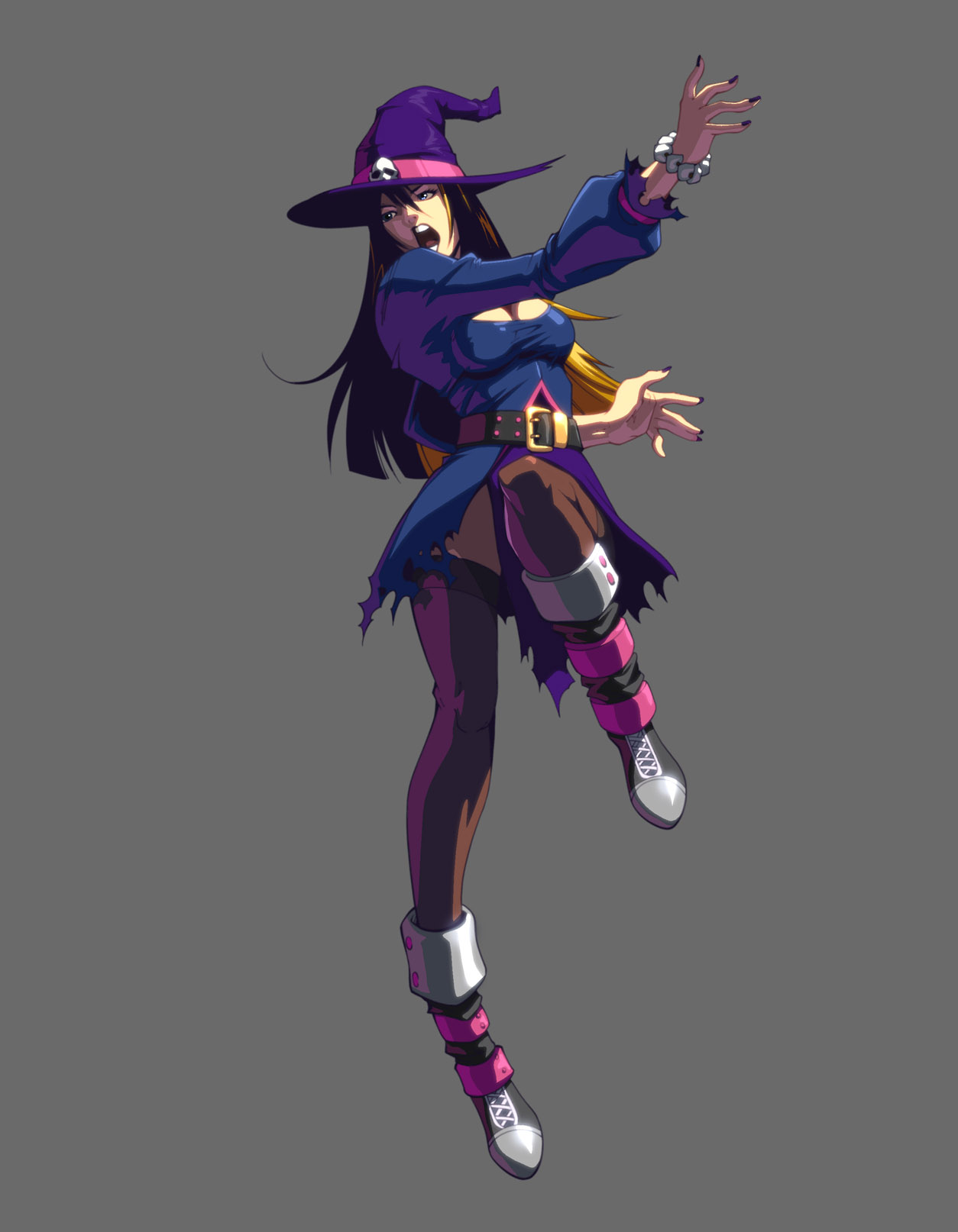 eva (kongai), kongai, highres, 1girl, belt, boots, female focus, fingernails, hat, long hair, multicolored hair, nail polish, open mouth, purple nails, solo, thighhighs, two-tone hair, witch, witch hat