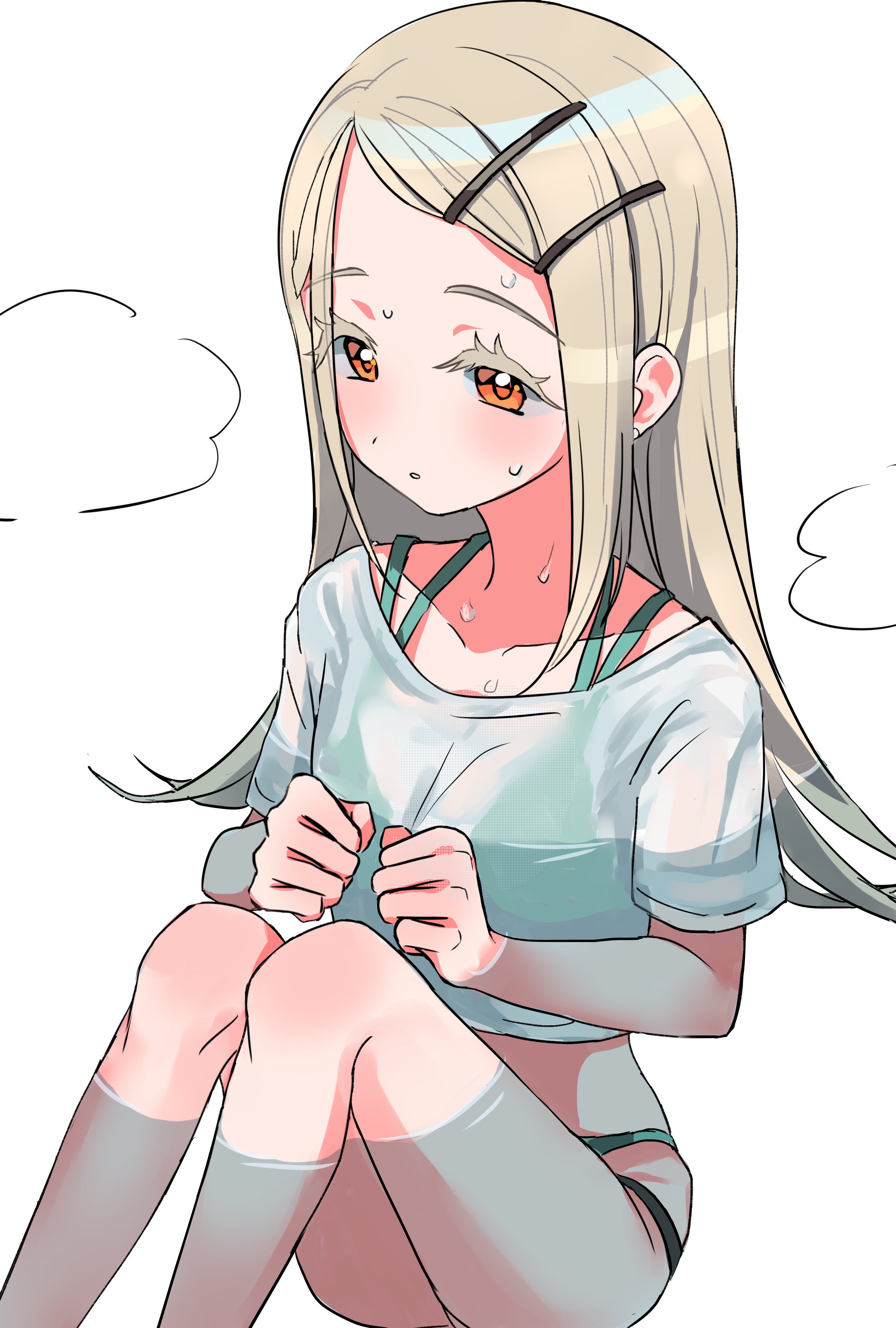 kanipoposu, shinosawa hiro, gakuen idolmaster, idolmaster, absurdres, highres, 1girl, blonde hair, bra, colored eyelashes, hair ornament, hairclip, light blush, long hair, panties, parted lips, partially submerged, see-through clothes, see-through shirt, shirt, simple background, sitting, solo, swept bangs, swimsuit, thighs, underwear, wet, white background, yellow eyes