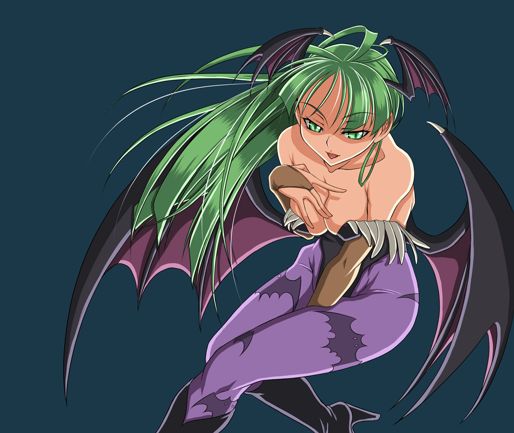 syunzou, morrigan aensland, capcom, darkstalkers, 1girl, animal print, bat print, bat wings, breasts, cleavage, demon girl, elbow gloves, female focus, fingerless gloves, gloves, green eyes, green hair, head wings, large breasts, long hair, matching hair/eyes, pantyhose, print pantyhose, solo, wings