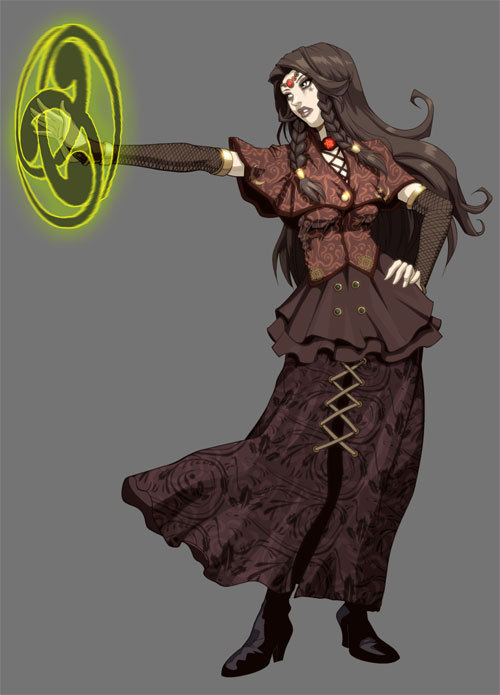 sorcery, sophie, sophie (kongai), kongai, official art, 1girl, black boots, black hair, boots, bracer, braid, bridal gauntlets, brooch, brown hair, buttons, capelet, circlet, cross-laced clothes, female focus, fishnets, full body, glowing, grey background, hair ornament, hand on own hip, high heel boots, high heels, jewelry, layered skirt, lips, lipstick, long hair, long skirt, looking to the side, magic, magic circle, makeup, outstretched arm, outstretched hand, pale skin, parted lips, pentagram, side braid, simple background, skirt, solo, standing, twin braids, very long hair, witch