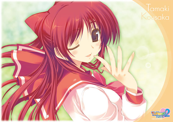 kousaka tamaki, to heart (series), to heart 2, tagme, 00s, brown eyes, one eye closed, red hair, solo, wink