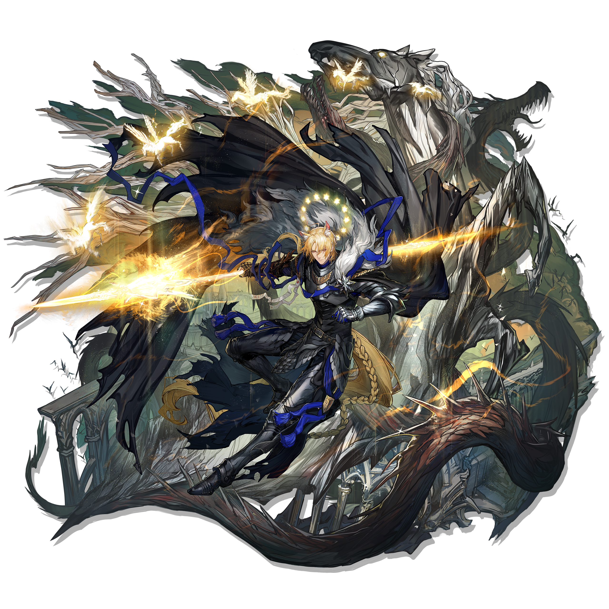 ryuuzaki ichi, mlynar (arknights), mlynar (roar against the wild) (arknights), arknights, absurdres, highres, official art, 1boy, animal ears, armor, black armor, blonde hair, blue ribbon, braid, breastplate, couter, cuisses, faulds, greaves, halo, holding, holding polearm, holding weapon, male focus, monster, pegasus, polearm, poleyn, ponytail, rerebrace, ribbon, sabaton, solo, star halo, tail, vambraces, weapon, white background
