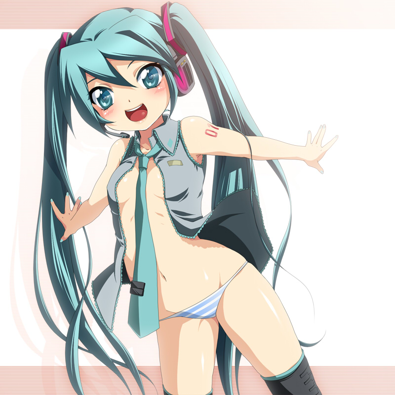 jyuru, hatsune miku, vocaloid, 1girl, aqua eyes, aqua hair, bare shoulders, blush, breasts, female focus, headset, long hair, medium breasts, necktie, no pants, open clothes, open shirt, panties, shirt, solo, striped clothes, striped panties, thighhighs, twintails, underwear, very long hair