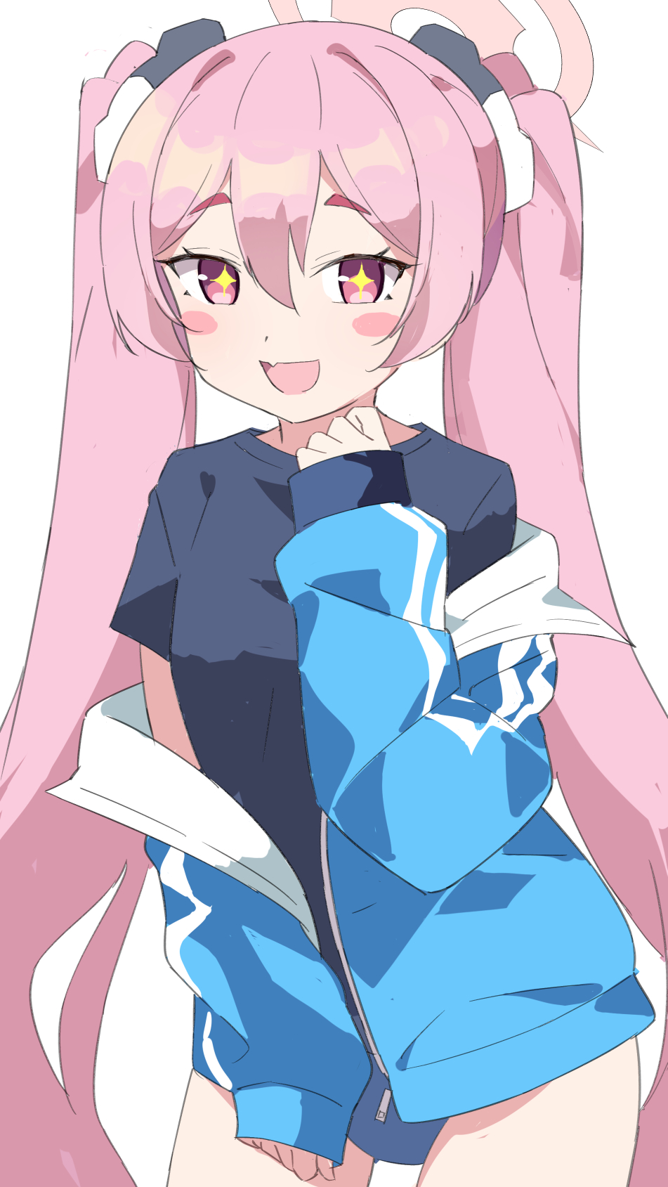 koyuki (blue archive), blue archive, highres, + +, 1girl, alternate costume, amrbf00sy942173, black shirt, blue buruma, blue jacket, blush stickers, buruma, gym shirt, gym uniform, hair between eyes, halo, jacket, long hair, long sleeves, looking at viewer, open mouth, pink eyes, pink hair, pink halo, shirt, simple background, smile, solo, track jacket, twintails, very long hair, white background